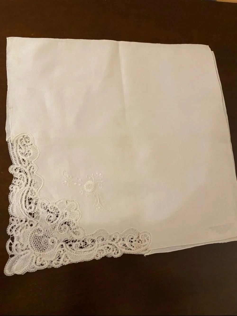 Vintage Heirloom hand Embroidered Lace-Edge White Linen Bridal Hanky
